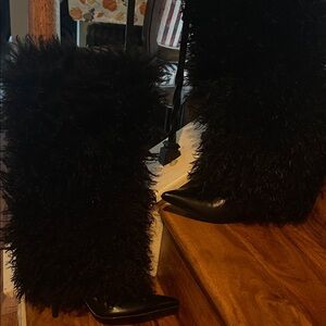 Faux Fur Black Pointed-Toe Heeled Boots